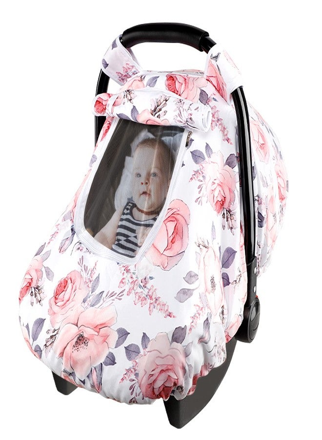 SWESEN Car Seat Covers for Babies, Winter Carseat Cover Girls, Mink Infant Car Seat Canopy, Cozy & Warm Cover, Pink Floral - Image 1